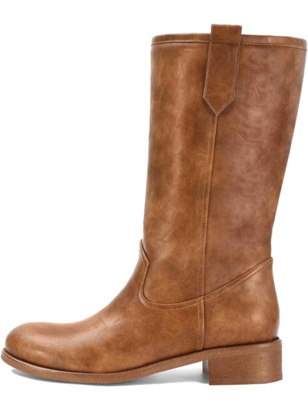 Women's Mid Calf Chunky Block Heel Pull On Boots Round Toe Stylish Tan Boots